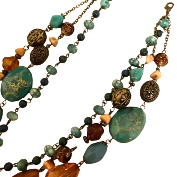 🌟 BOHO 3-Strand EsMor Clasp Beaded Earthy Green Amber Necklace 🌟 - Picture 4 of 6